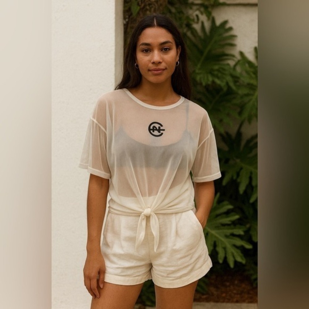 Nautica Sheer Mesh Tie Front Top White Lightweight Nautical Logo Tee Large